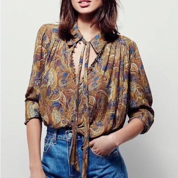 Free People Button Up Green & Blue Blouse Medium - Picture 1 of 5